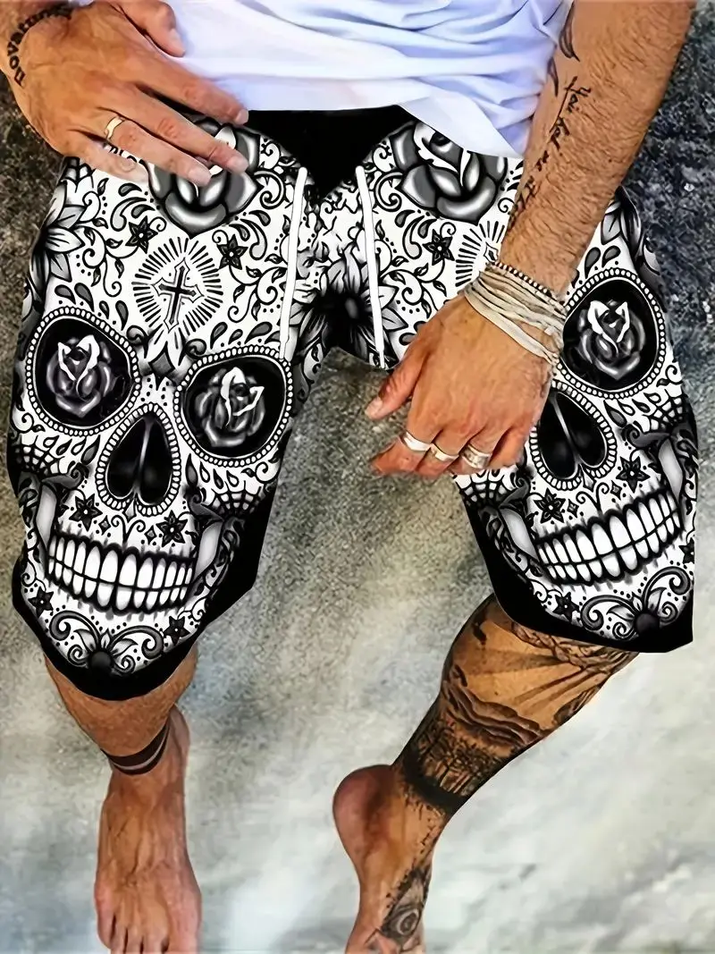 New Men\'s 3d Skull Print Fashionable Summer Beach Surfboard Shorts Quick Drying Sports Leisure Outdoor Fitness Jogging Shorts