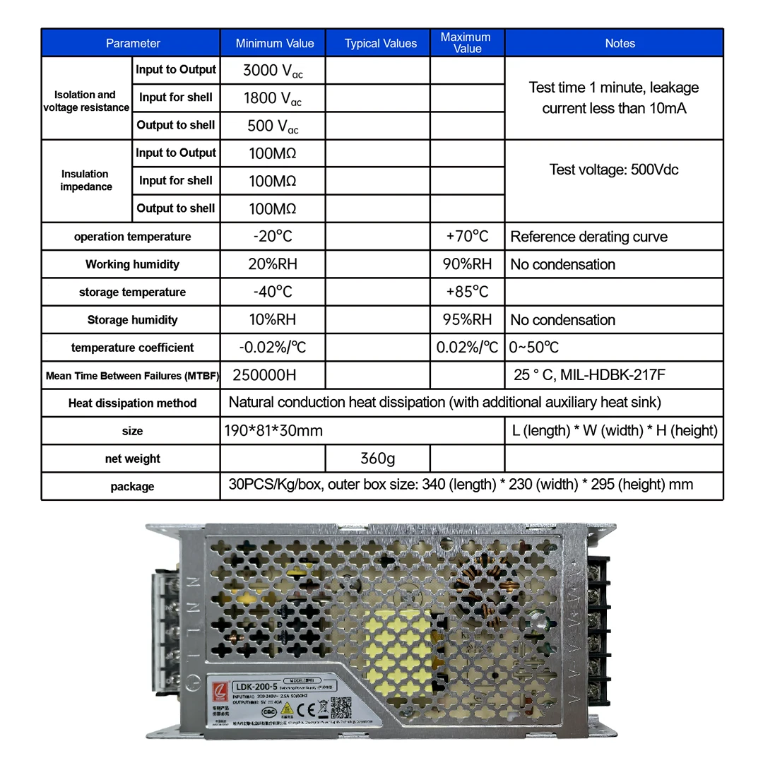 LDK-200-5 Full Color Module LED Display Power Supply 200W 5V40A Electronic Screen Transformer Supports 240VAC Input