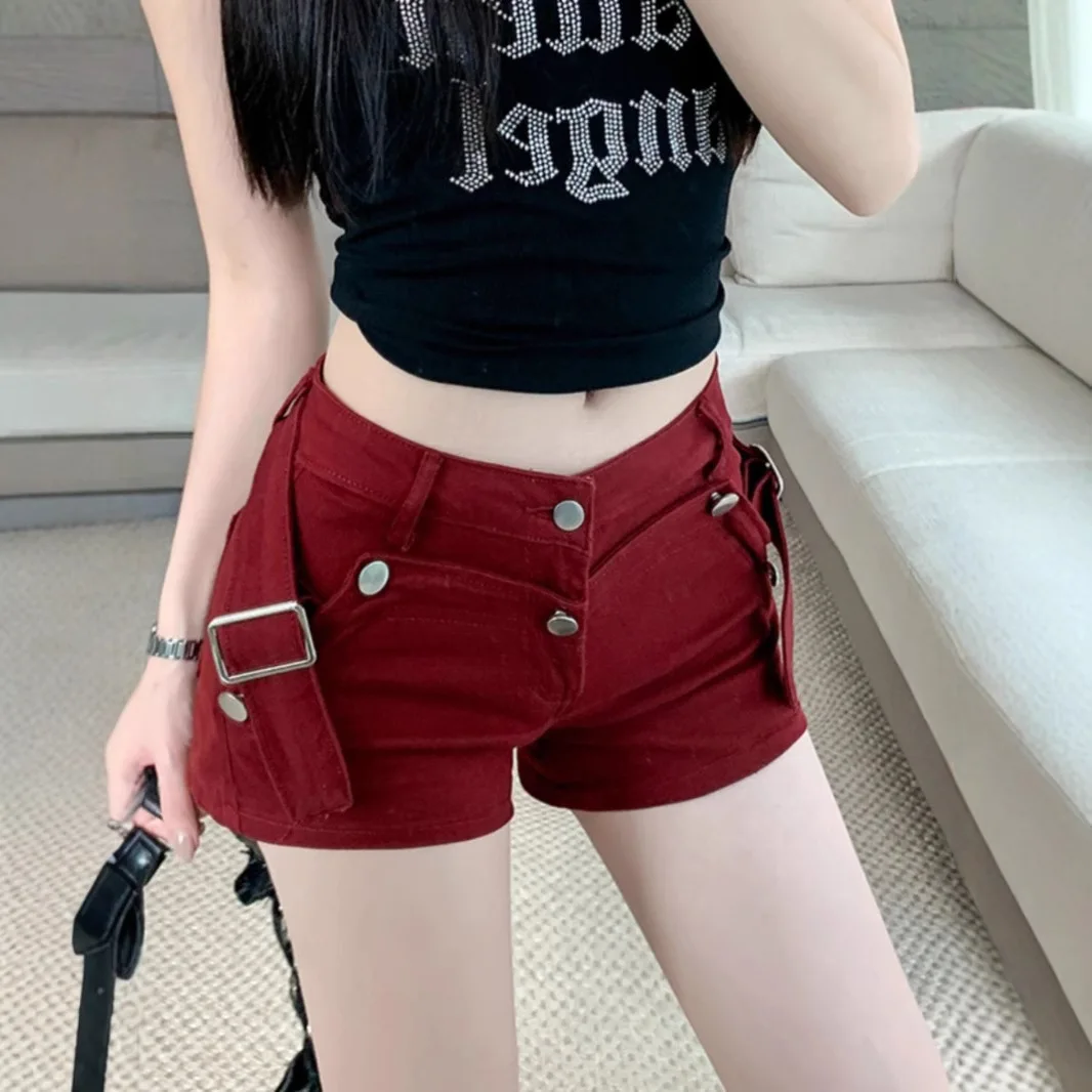 Women's Red Cargo Denim Shorts Metal Buckle Strap High Waist Skinny Jean Shorts Y2K Streetwear Mini Hot Pants