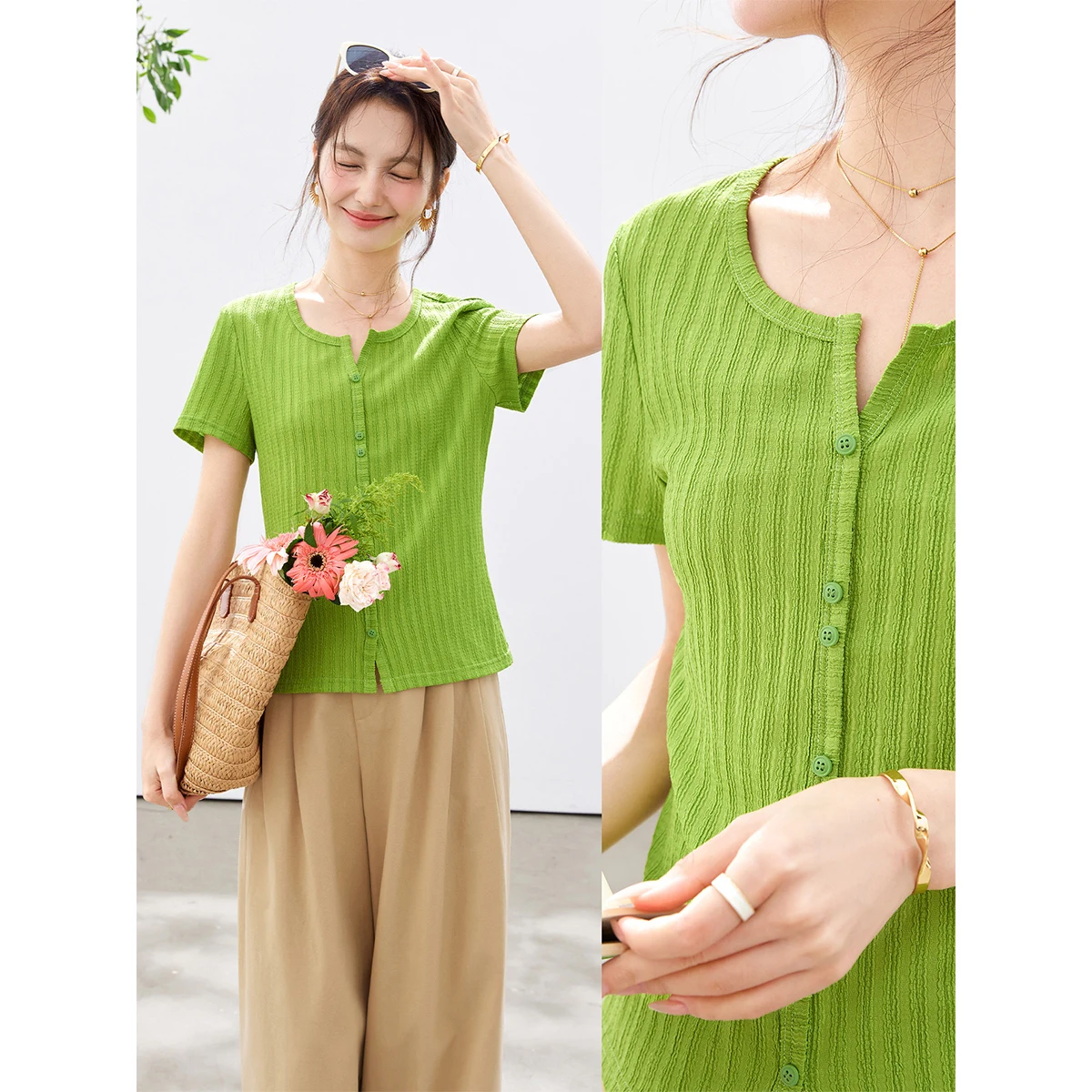 VIMLY Women's Fashion Textured Knit T-Shirt 2026 Summer New Green Crew Neck Slit Hem Minimalist Office Short Sleeve Top A6356