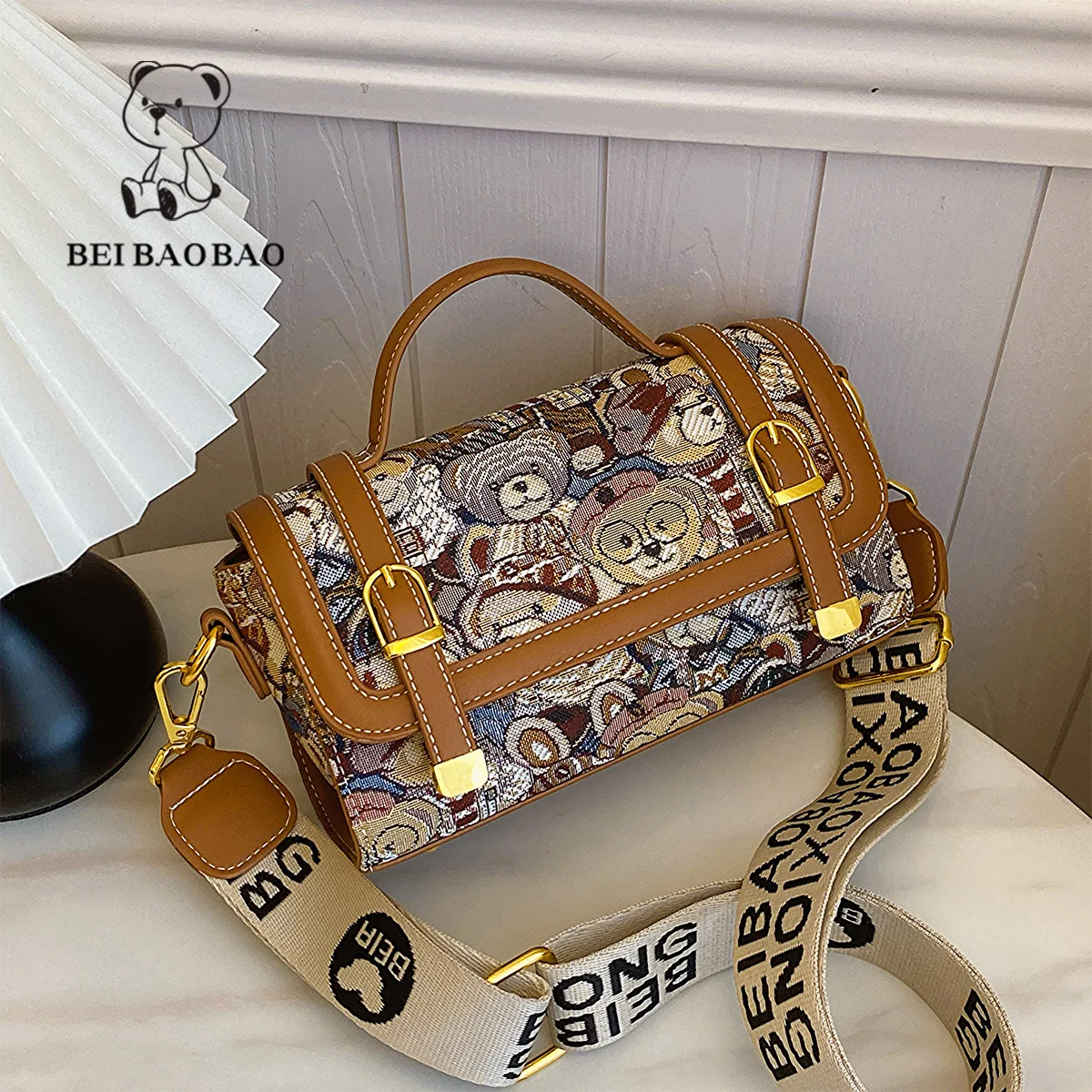 Beibaobao 2024 Summer New Women\'s Bag Cartoon Little Bear Canvas Bag Small Elegance Handbag Single Shoulder Crossbody Bag