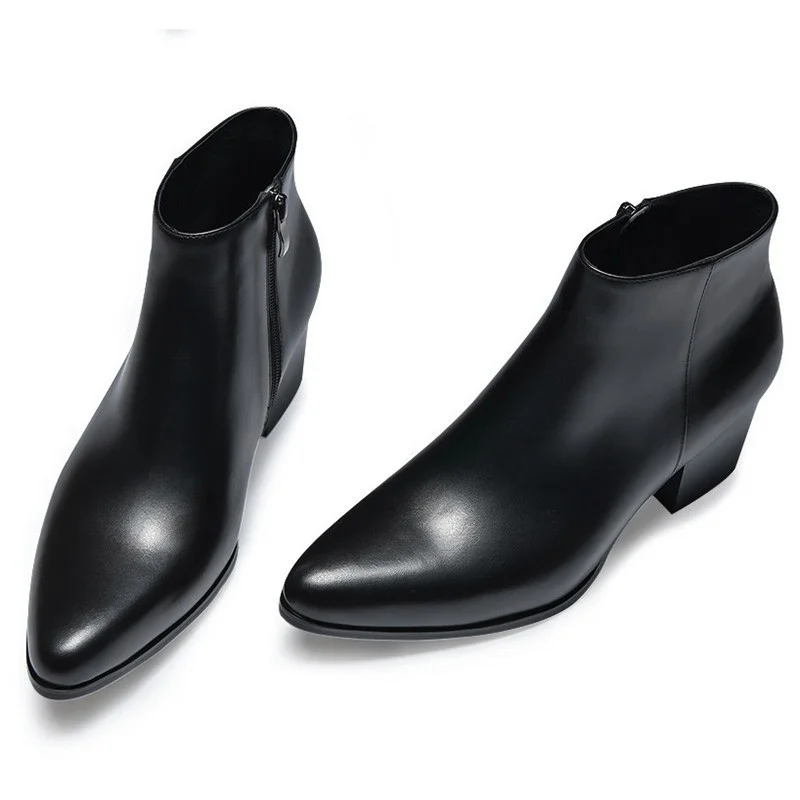 6 Cm High Heels Men\'s Ankle Boots Luxury Genuine Leather 2024 Winter Warm Black White Wedding Party Social Boots Man Dress Shoes