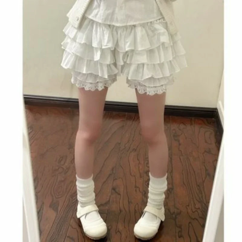 Japanese Style Kawaii Lolita Short Pants Women Sweet Ruffles Lace Patchwork Bow Leggings Girls Cute Elastic Waist JK Pantaloons
