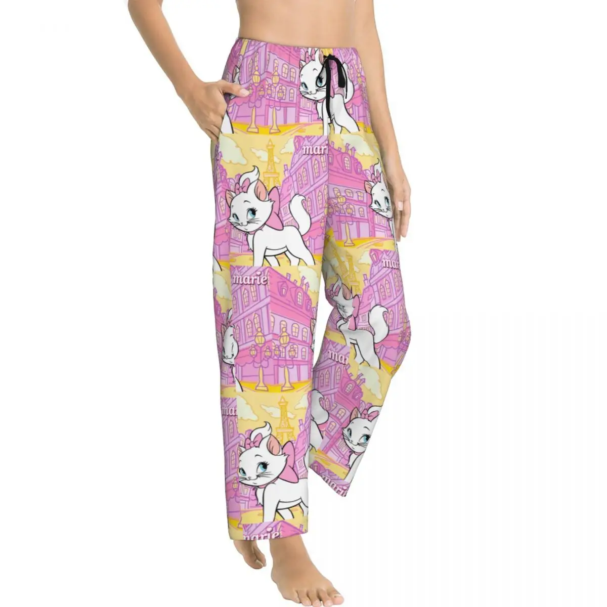 Custom Printed Women's Aristocats Animation Marie Cat Pajama Pants Sleepwear Sleep Lounge Bottoms with Pockets