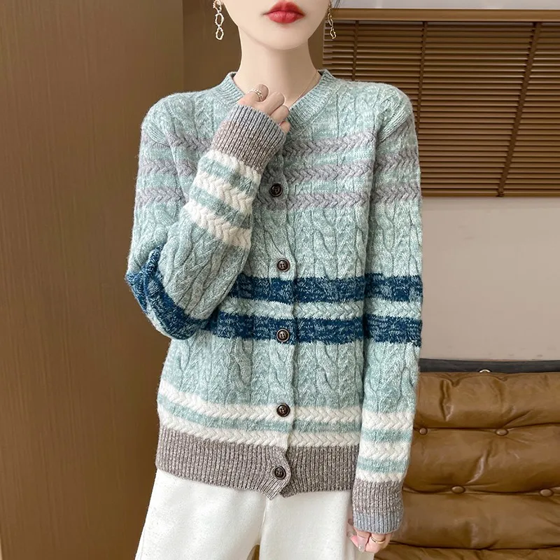 DjzDsm autumn and winter new 100% pure wool women's knitted crewneck cardigan long sleeve thick warm sweater fashion coat