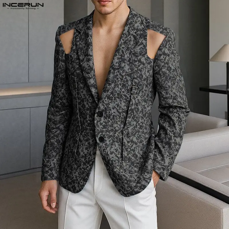 

INCERUN мужской пиджак с принтом, мужской костюм с длинными рукавами и лацканами, уличная одежда, элегантное модное повседневное тонкое пальто, мужской пиджак S-5XL