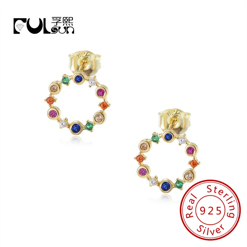 

multi original colorful Rainbow Circles hoop Stud Earrings S 925 Sterling silver 14k gold plated bling CZ Cubic Zirconia Earring