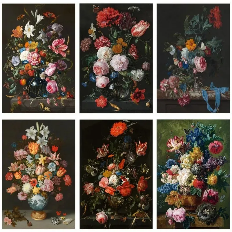 Nature morte avec des fleurs dans un vase en verre, peintures à l'huile imprimées sur toile, affiches et impressions d'art baroque, images d'art pour la décoration de la maison