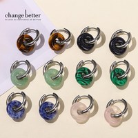 Change Better Natural Stone Donut Shape Stainless Steel Hoop Earrings Women Fashion Pink Quartz Malachite Pierced Dangle Earring