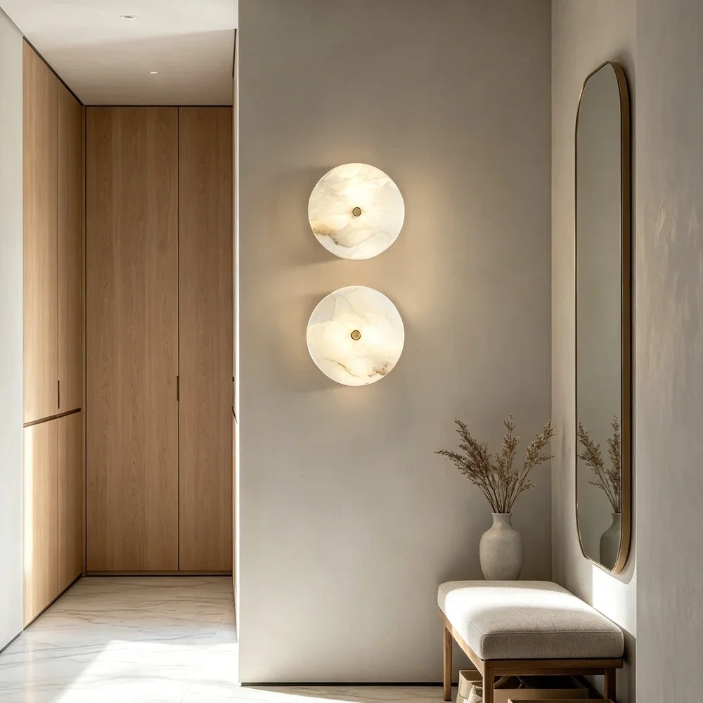 Light Luxury Circular Marble LED Wall Lamp French Retro Creative Designer Living Room Hallway Bedroom Bedside Lighting Fixtures