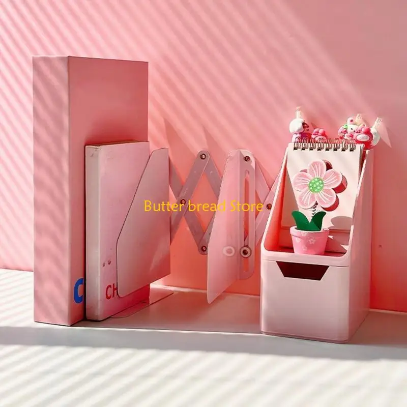 W89C Expandable Bookend with Pen Cup and Drawer Desk Book End Book Magazine Stand