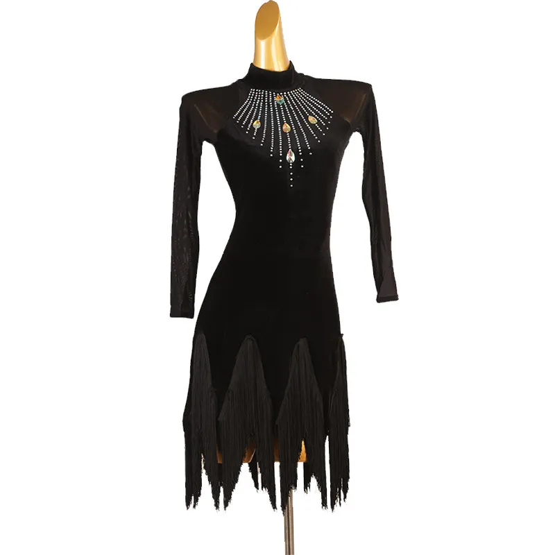High neck long sleeve radial rhinestone pattern pointed tassel hem short dance dress for latin dance competition stage performan
