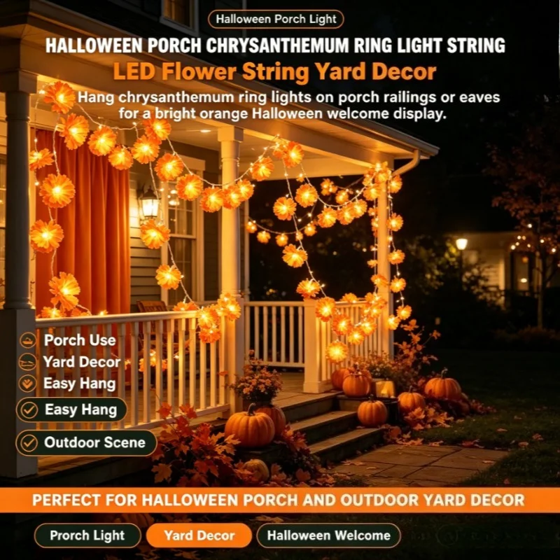 LED Artificial Flower String Light Halloween Bedroom Ambient Indoor Decorative Lighting Lamp for Home Holiday Party Decor