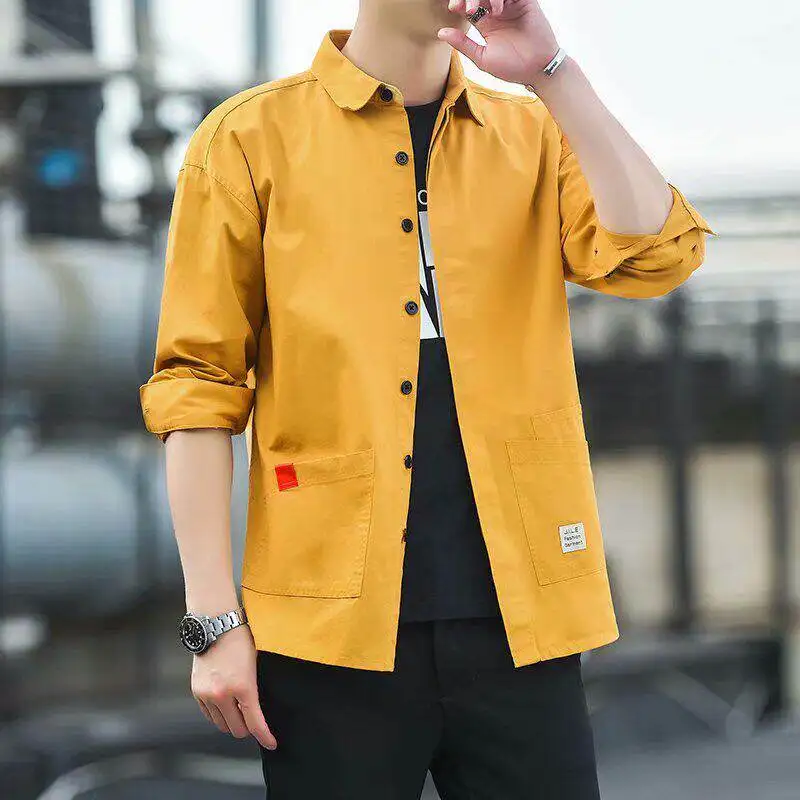 American Retro Summer Men's Long Sleeve Casual Shirt Square Collar Workwear Jacket for Spring And Summer City Walk