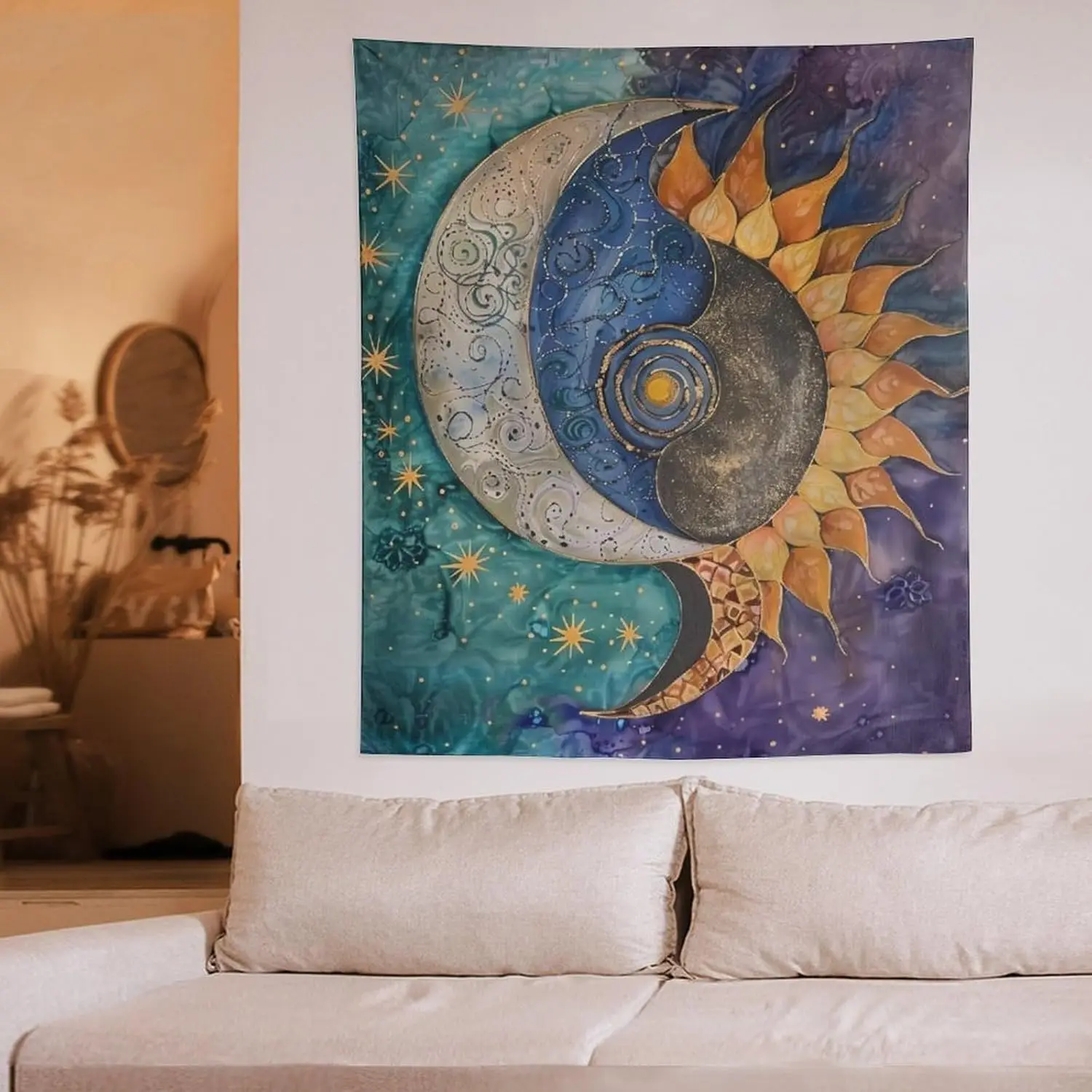 Mystical Yin Yang Sun Moon Tapestry, Celestial Boho Wall Hanging with Galactic Spiral & Butterfly, Purple Blue Cosmic Decor for