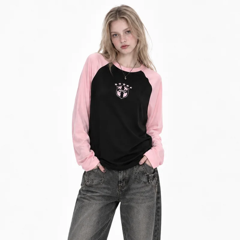 Autumn Women Y2K Retro Raglan Color Block Shield Embroidery Number Print Round Neck Long Sleeve Loose Tee Streetwear