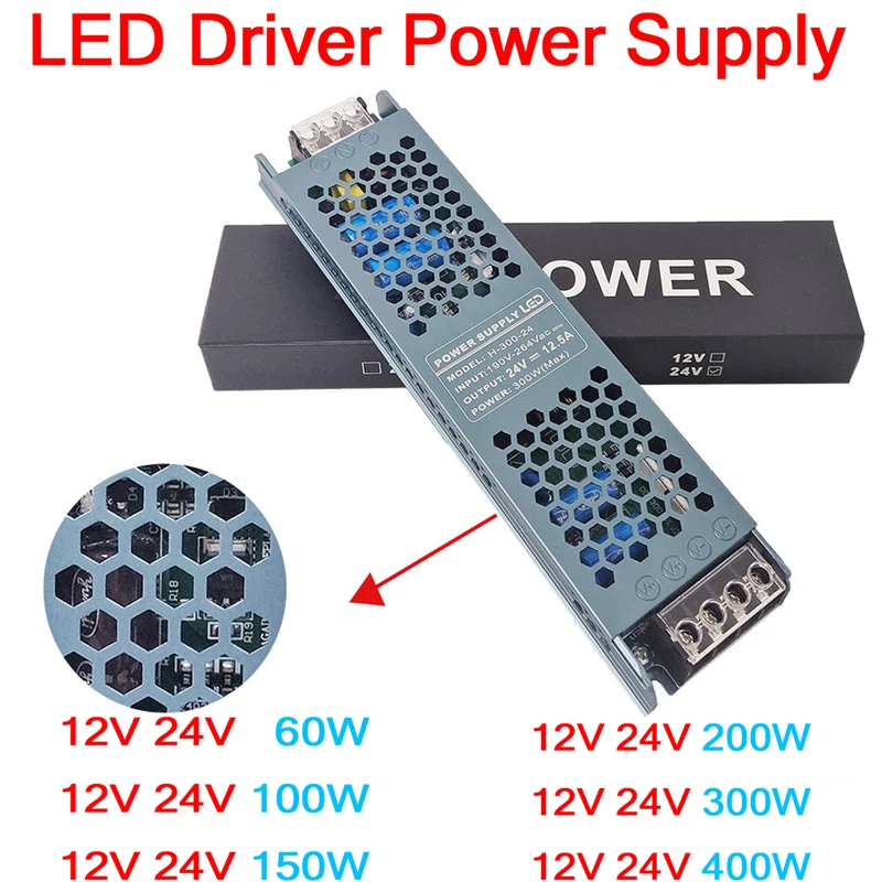 Driver LED 12 V Volt 24V DC alimentatore AC 190 220V a 12 V trasformatore 24V 60W 100W 150W 200W 300W 400W per LED Strip Light muslimah