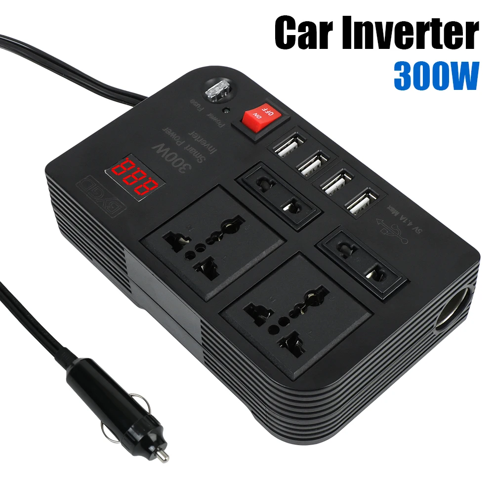 DC 12V to AC 220V Converter 300W Outlets 4 USB Ports Power Adapter ON/OFF Switch Car Inverter Overload Protection 4 AC Sockets