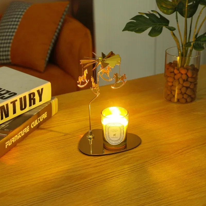 Stainless Steel Round Triangle Tray Rotating Candlestick Aromatherapy Candle Romantic Running Lantern Candleless Cup Candlestick
