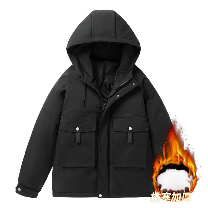 

Men's Hooded Thicken Parkas Winter Windproof Cargo Down Cotton Coats Big Pockets Warm Windbreaker Male