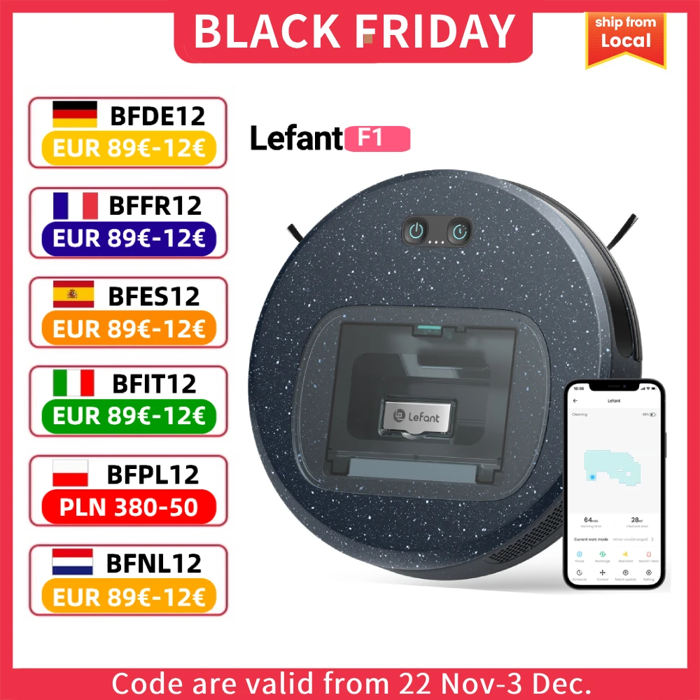 LEFANT F1 Robot Vacuum Cleaner with 5000Pa,28x6.8 cm Super Slim 250 Minutes Autonomy 600ml Visible Dust Container Ideal for Hair