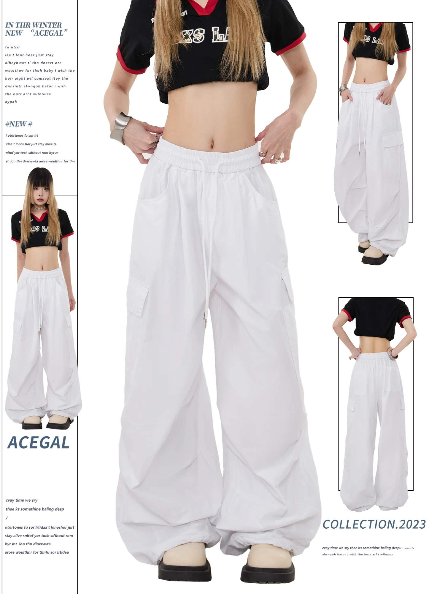 

American Style White Workwear Pants Women's Hiphop Trendy Jazz Dance Casual Street Paratrooper Wide Leg Pants Cotton Natural ...