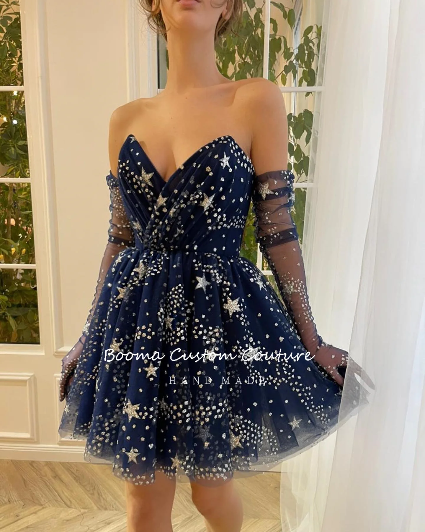 Booma Glitter Navy Blue Starry Tulle Mini Prom Dresses Sweetheart Above Knee A-Line Evening Party Gowns Short Formal Event Dress