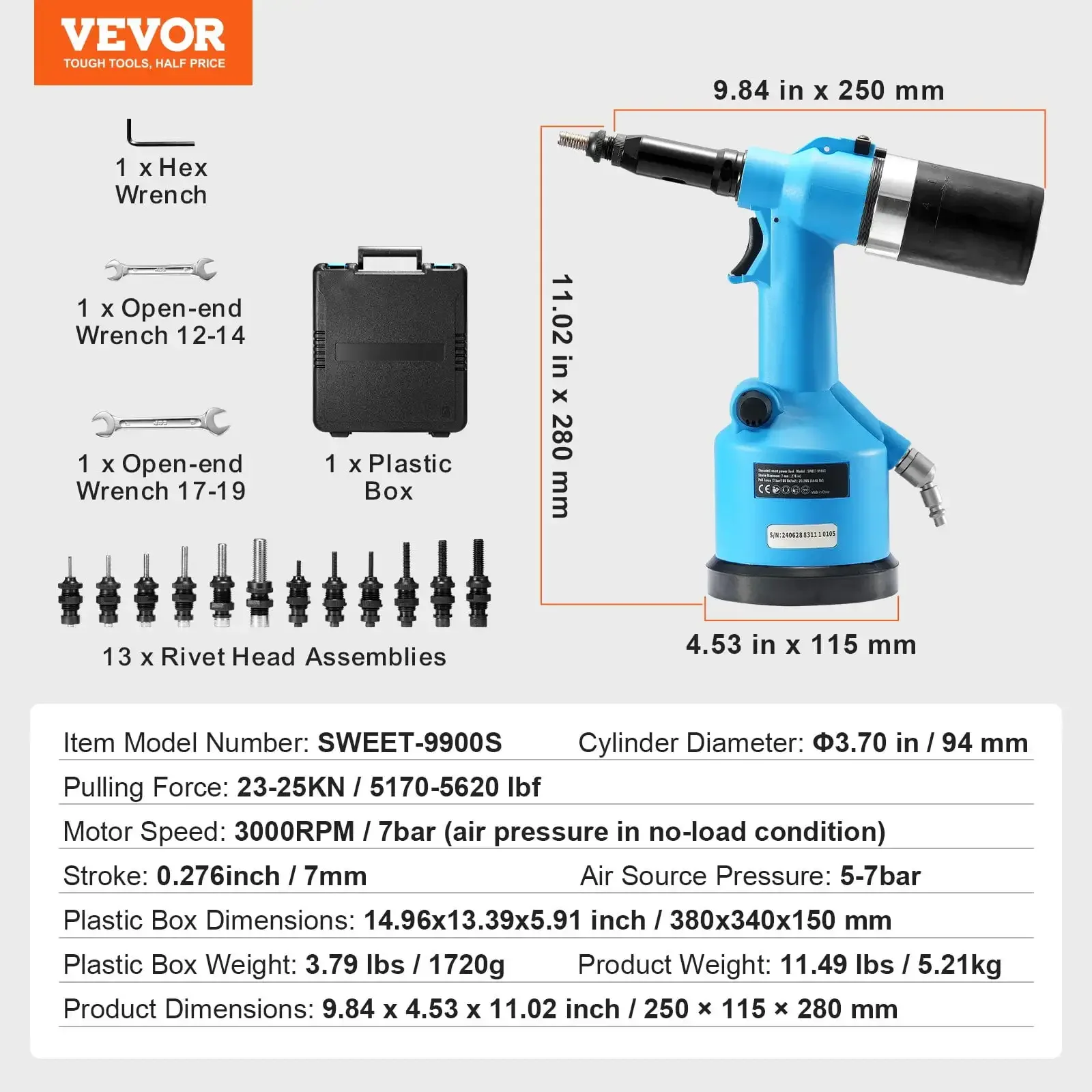 Riveter Udara Pneumatik - Kit Alat Pistol Paku Keling Tugas Berat dengan 13 Bagian Hidung