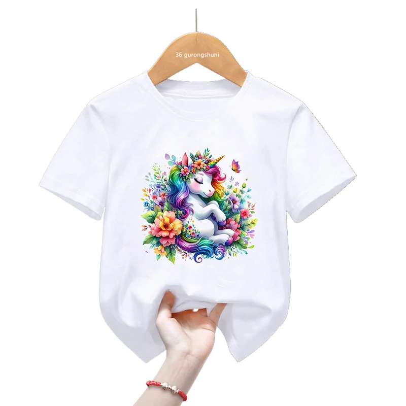 Camiseta con estampado de acuarela de unicornio arcoíris para niñas, ropa de mariposa de flores para niños, Harajuku Kawaii, camiseta de moda de verano