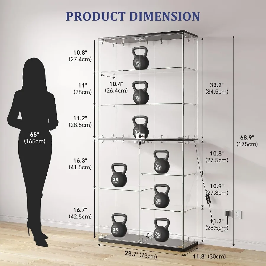 Full Glass Display Cabinet for Collectibles: Tempered Glass, Black, RGB Lights with Adjustable Brightness view 2