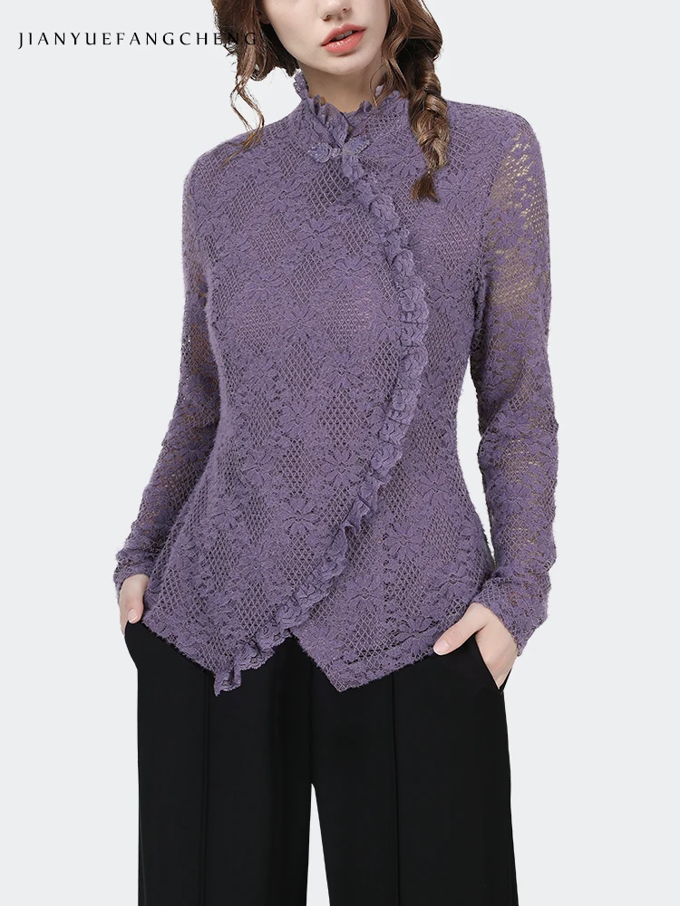 Fashion Ruffle Purple Lace Top Women Long Sleeve Stand-up Collar Hollow Out Floral Blouse Elegant Slimming Vintage Casual Shirts