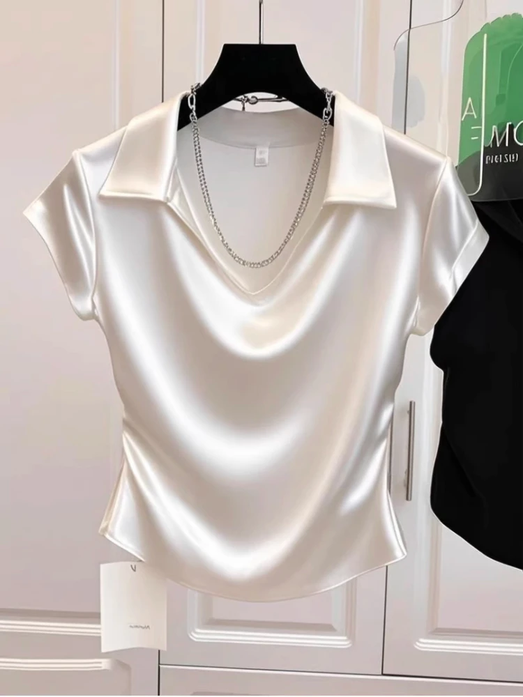 

Summer New Blouses Turn Down Collar Short Sleeve Crop Tops Solid Color Slim Waist Design Shirts Fashion Elegant Women's Clothing