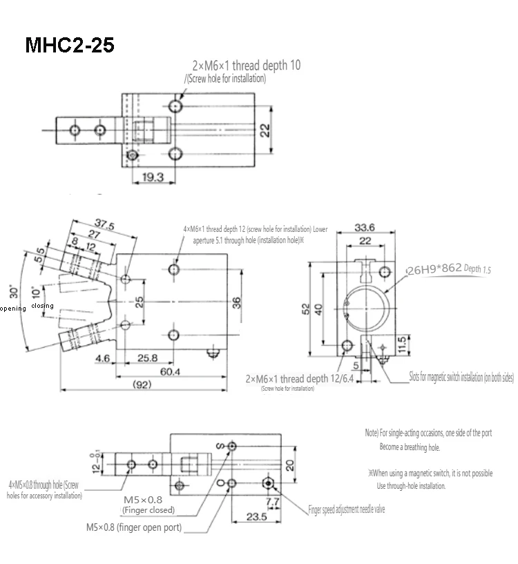 MHC2 Serie Pneumatischer Fingerzylinder mit Drehpunkt, Öffnungs- und Schließfunktion, Luftgreifer, doppelt- und einfachwirkend, Winkel-Luftklauenroboter, pneumatisch – Detail 10