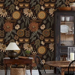 Retro Boho Flower Peel And Stick Wallpaper Yellow And Black PVC Home Decor Wallpaper Furniture Renovation TV Background Sticker
