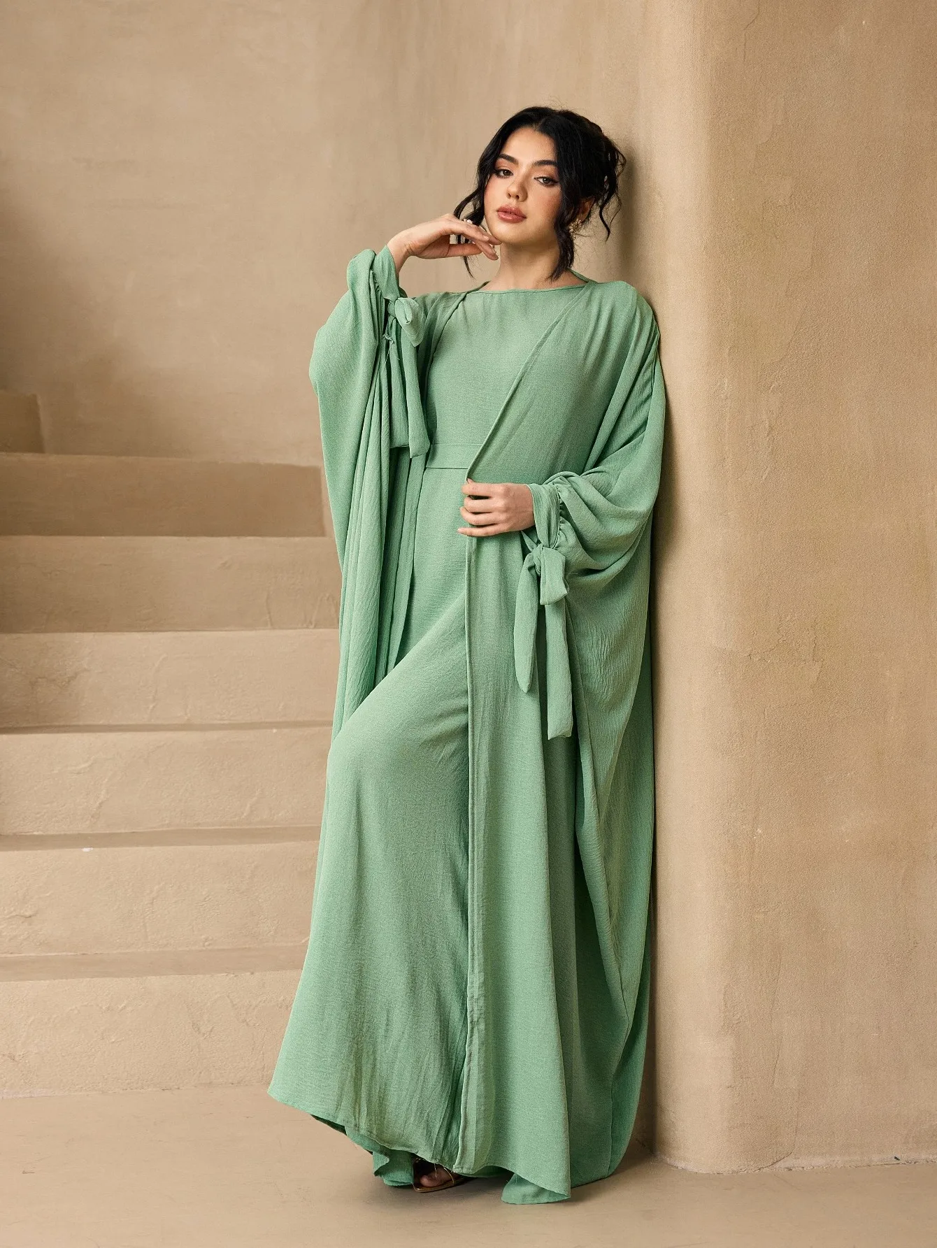 Solid Batwing Tie Sleeve Open Abaya 3Pcs Set Hijab Belt, Flowy Modest Maxi Dress Muslim Ladies Eid Party Outfit