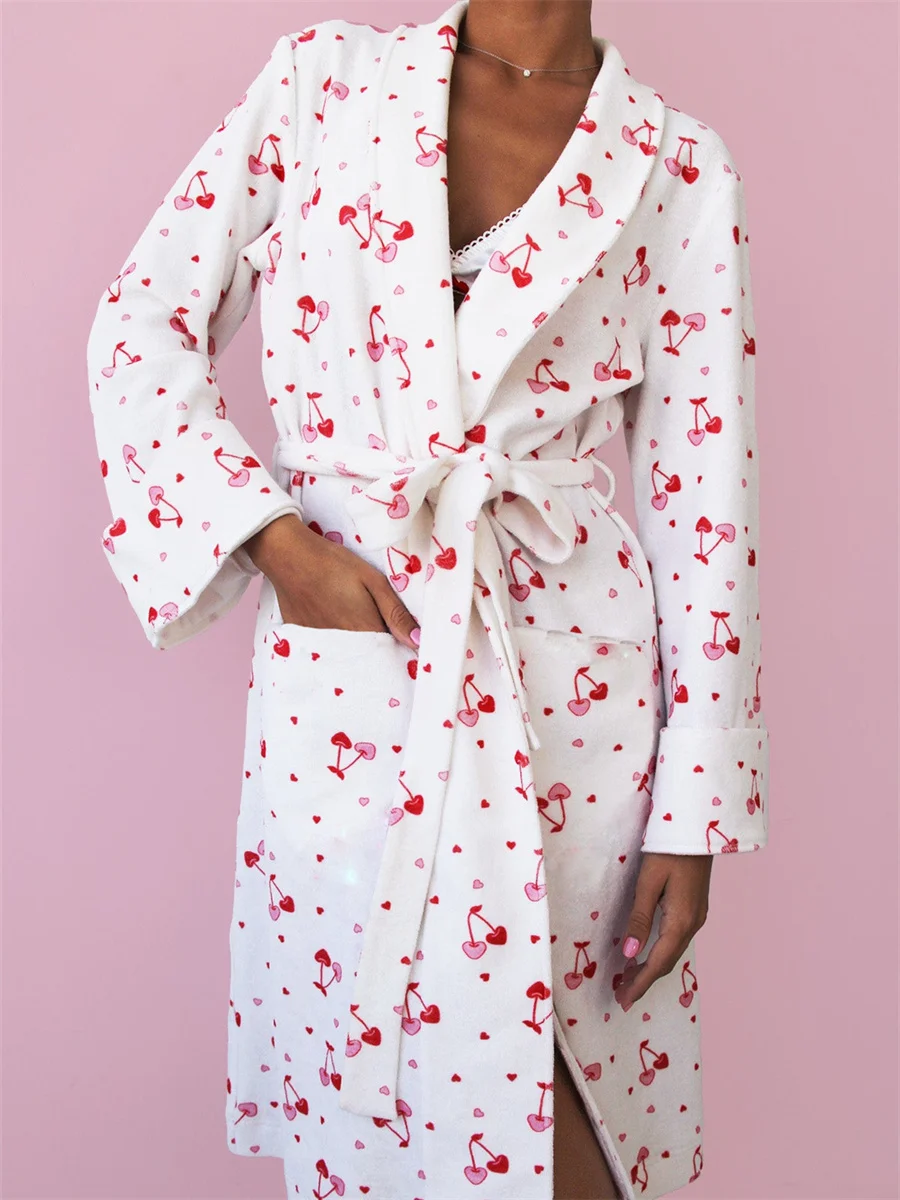 Robe Women Cotton Floral Long Sleeve Nightwear Shower Bathrobe Kimono Cute Sweet Cherry Print Sleepwear Pajamas Gowns Robes