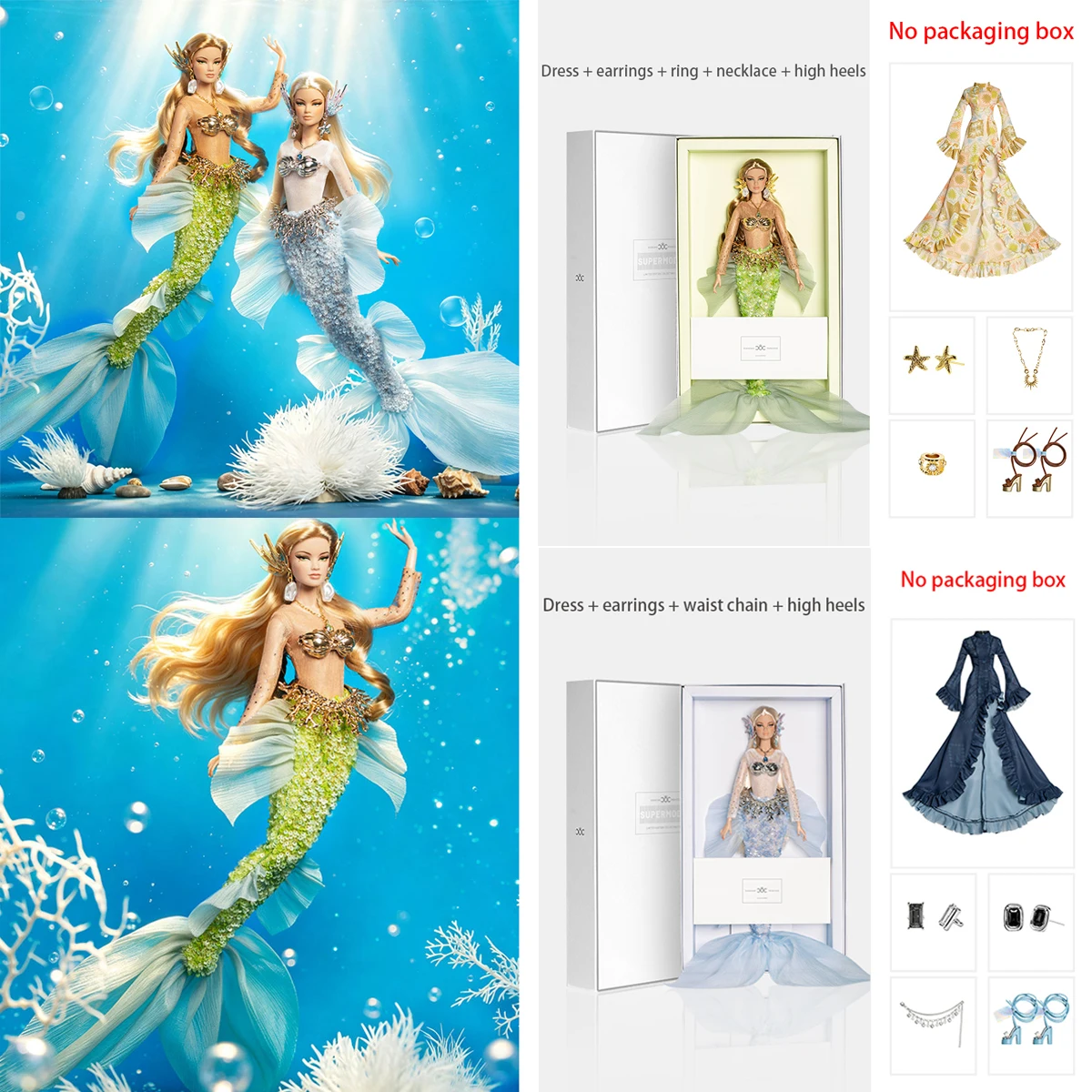 Muñeca Supermodelo 1/6, Elegante Serie Sirena, 32 cm, Princesa Xianxian, Falda de Cola de Pez con Lentejuelas Dulces + Joyas + Zapatos + Set de Regalo de Muñeca FR