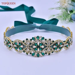 Topqueen S161-KL strass cinto de ouro para as mulheres vestido de festa marroquino caftan feminino luxo sash noiva casamento diamantes verdes
