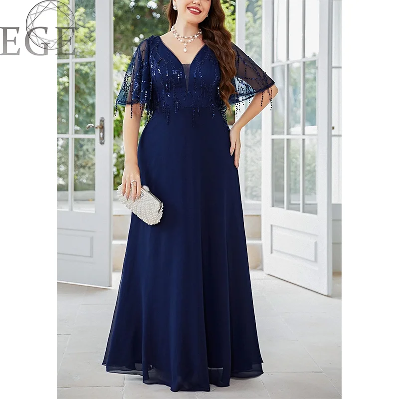 V Neck Royal Blue Sequins Shiny Plus Size Wedding Dress 5XL6XL Plus Size Women\'s Chiffon MAXI Party Banquet Short Sleeve Dresses