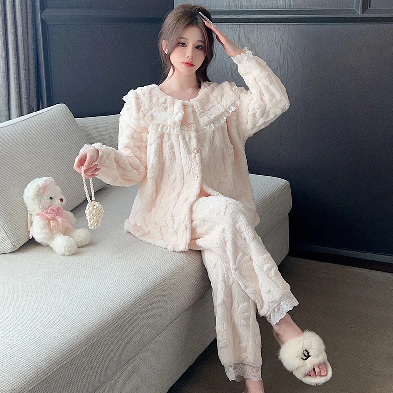 Spring Autumn New Plush Warm Women\'s Pajamas Lace Lapel Cardigan 2 Piece Outfit Set Women Sweet Solid Color Pajamas for Girls