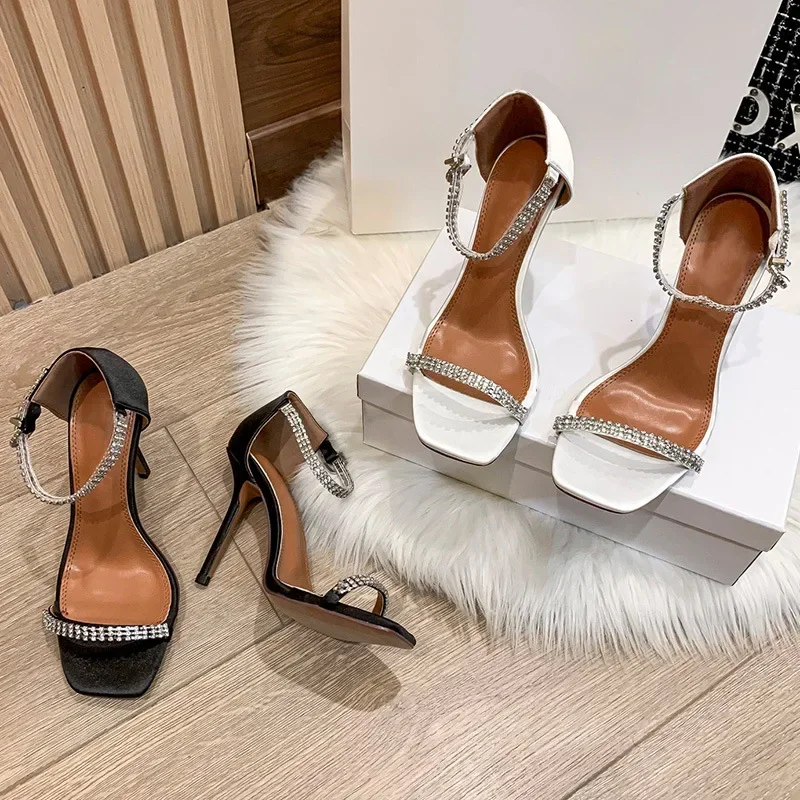 

Square Toe Rainstone Shoes For Women White Black Sexy Narrow Band High Heels Belt 2024 Buckle Party Pumps TRAF ZA Zapatos Mujer