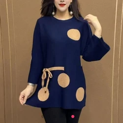 Women Autumn Fashion Polka Dots Print Lace-up Elegant Knitted Sweater Ladies O Neck Long Sleeve Loose Pullover Tops Tunic Jumper