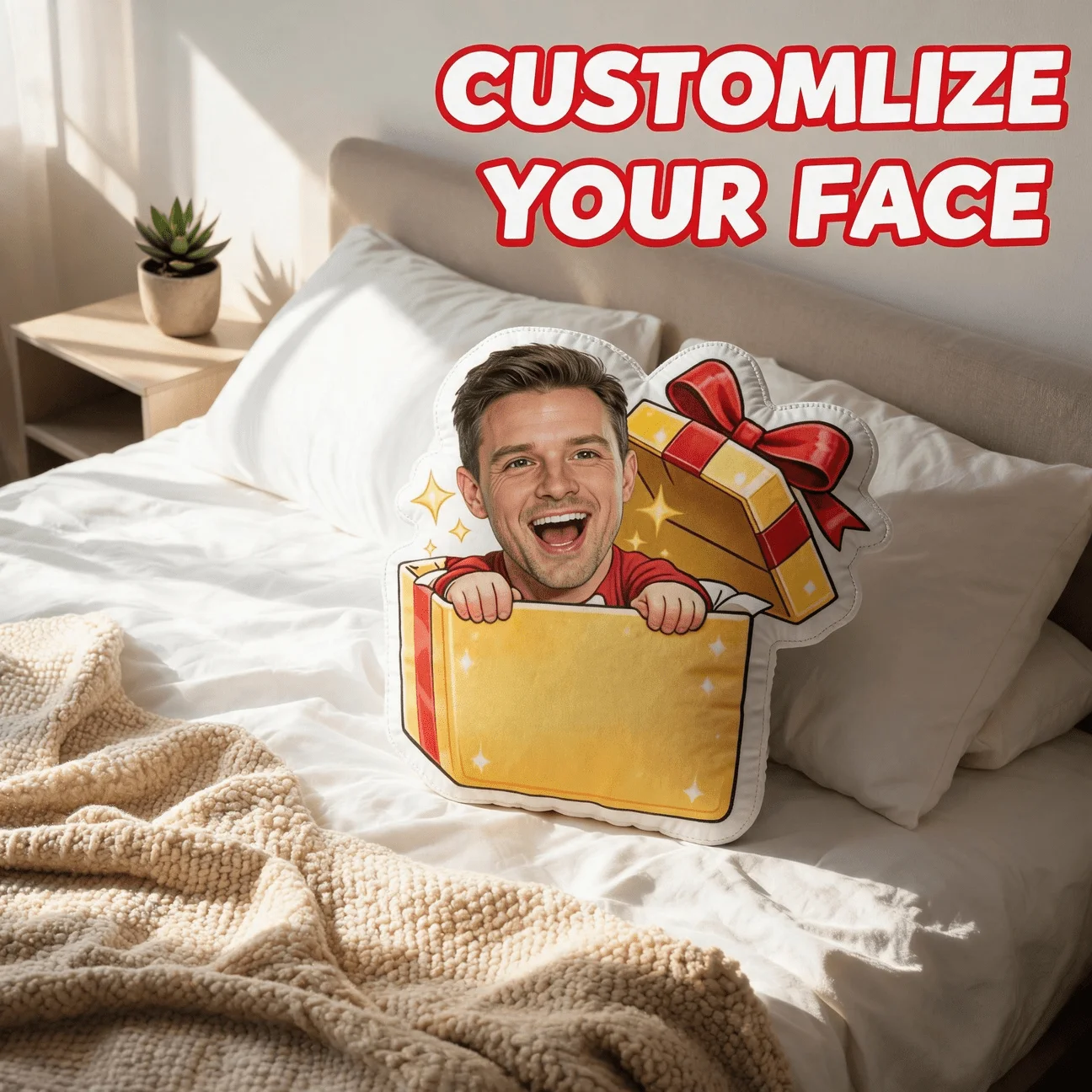 Custom Photo Gift Box Shaped Pillow, Personalized Face Popping Out of Present Decorative Cushion, Funny Smiling Expression Home