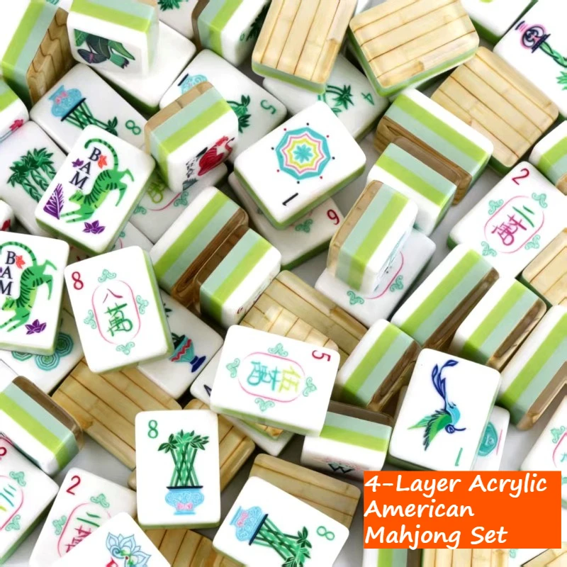 American Mahjong Set, 4-Layer Crystal Acrylic Bamboo Stripe Tiles, Portable Mahjong Game Set for Western Style Play
