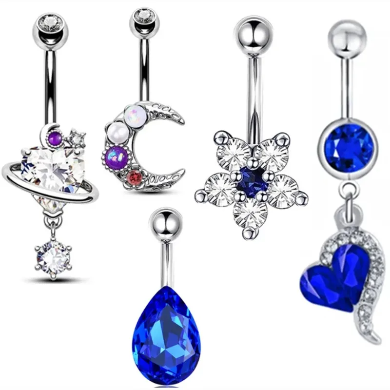 5PCS Pink Crystal Belly Button Rings Set Purple Heart Navel Piercing Bulk Green Flower Belly Rings Packs Piercing Ombligo Lots