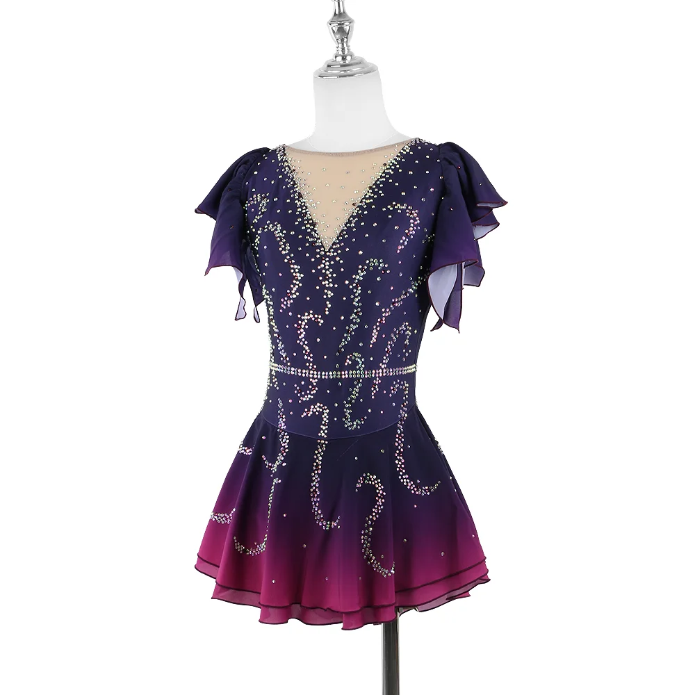 Zagitova Figure Skating Dress For Women Girls Ice Skating Skirt Short Sleeve Purple Gradient Princess Dress With Shiny Diamond