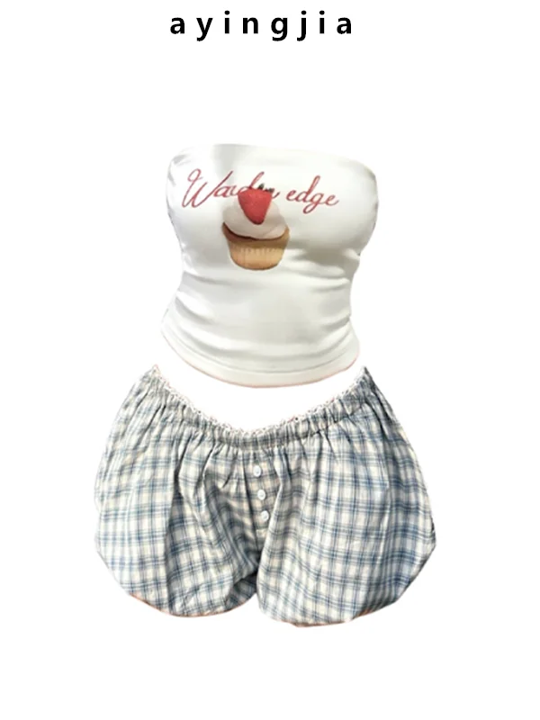 

Sexy Short Low-Waist Plaid Flower Bud Pants Women's Summer Crop Top Set Slimming Fashionable Two-Piece Suit Hot Girl Style