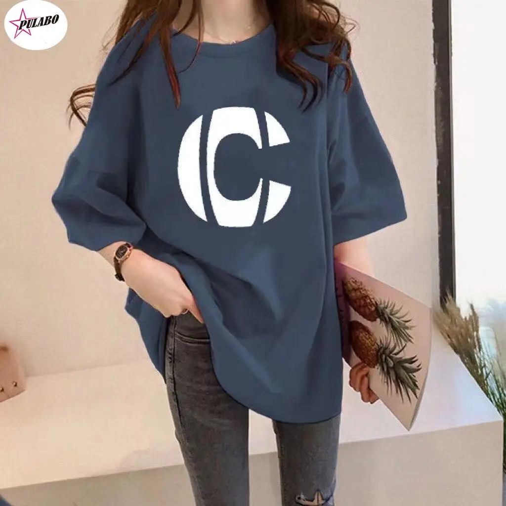 PULABO Cotton Short Sleeve T-shirt Women's Letter Round Neck Summer y2k Korean Version Loose Mid-length Large Size Half-sleeve