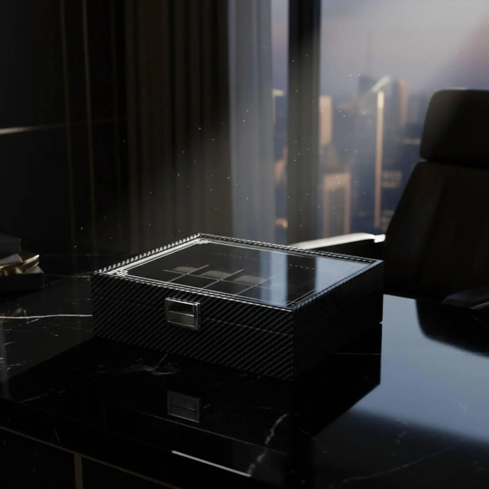 Jewelry Box for Room Large Watch Case Carbon Fiber Design with Glass Lid PU Leather Interior and Lockable Storage for Watches