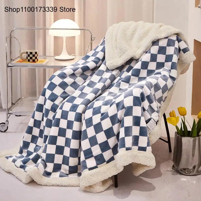 Autumn and Winter Bedroom Double-Layer Thick Lamb Plain Checkerboard Patterned Office Blanket for Leisure